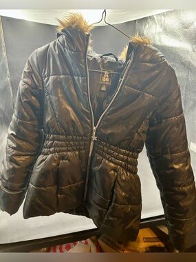 R 1881 by S. Rothschild Girls Black Puffer Jacket Coat Hooded Faux Fur - Size L